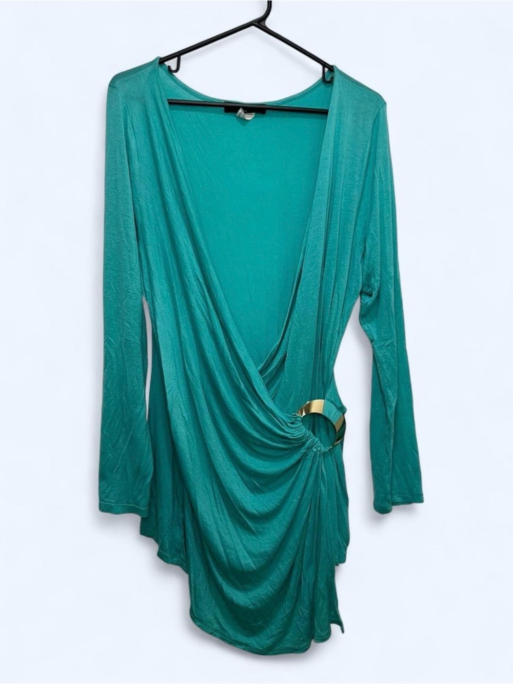 Fashion To Figure Draped Long Sleeve Tunic Top in Turquoise Blue/Green Size 3X